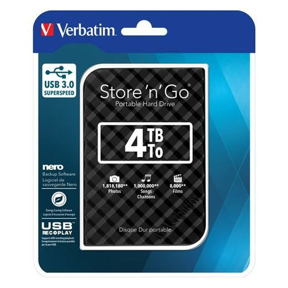 External Hard Drive Verbatim Disco Duro Portátil Store 'n' Go USB 3.0 de 4 TB en color Negro USB 3.0-0