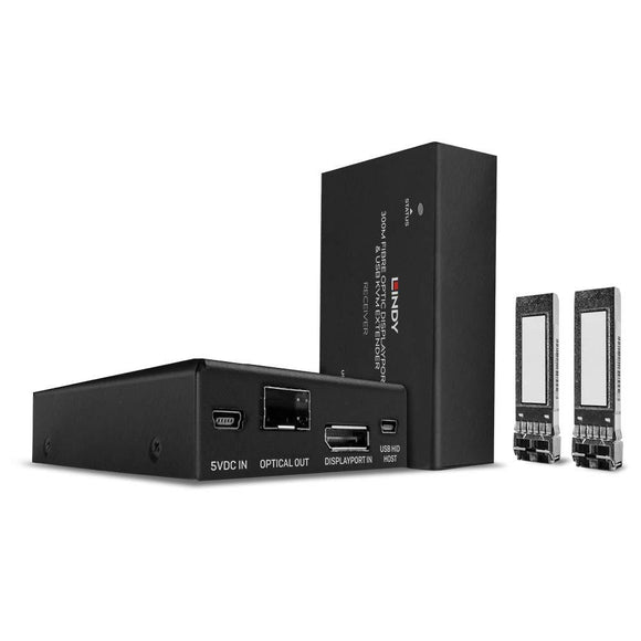 Lindy 300m Fibre Optic DisplayPort 1.2 & USB KVM Extender Transmitter and Receiver 4K Up to 60Hz-0