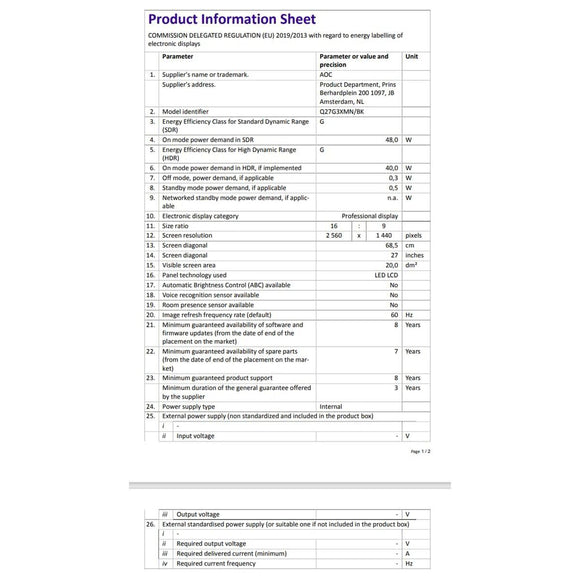 Gaming Monitor AOC Q27G3XMN/BK 27