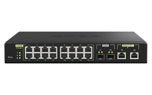 QNAP | 16 ports 2.5GbE RJ45 with PoE 802.3at (30W), 2 ports 10GbE SFP+, 2 ports 10GbE RJ45 with PoE 802.3bt (90W) | QSW-M2116P-2T2S | Web managed | Rackmountable | Power supply type Internal-0