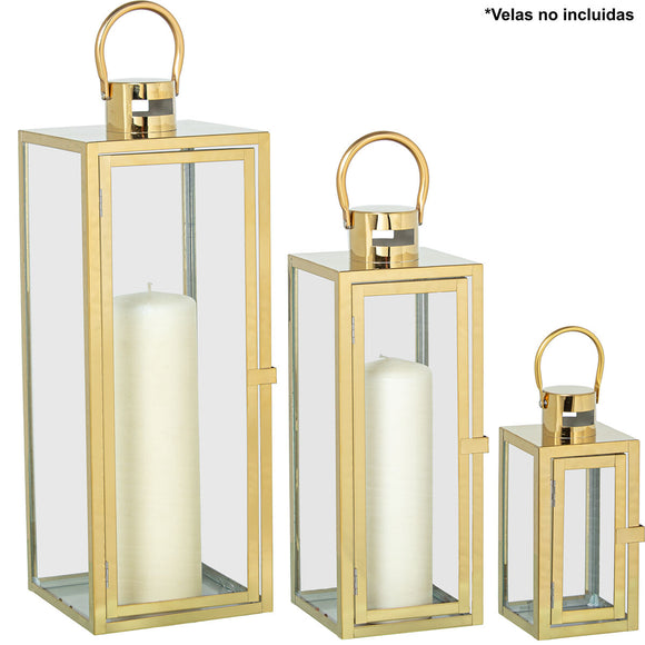 Lanterns Alexandra House Living Golden Steel 10 x 23 x 10 cm 14 x 39 x 14 cm 18 x 49 x 18 cm Candleholder 3 Pieces-0