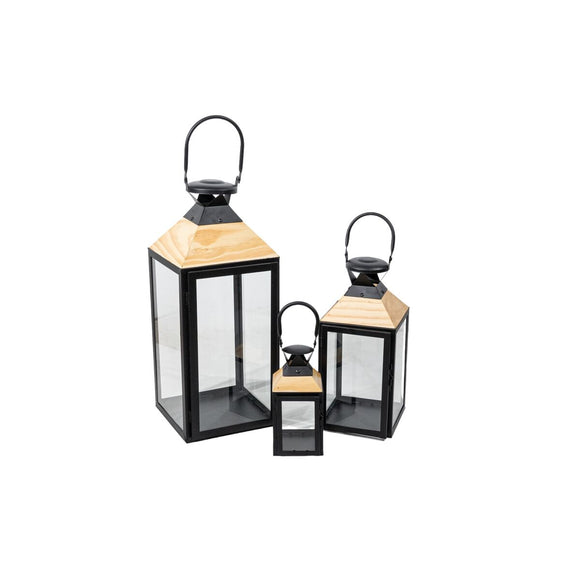 Lantern set Romimex Black Beige Wood Metal 3 Pieces-0