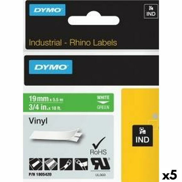 Laminated Tape for Labelling Machines Rhino Dymo ID1-19 19 x 5,5 mm White Green Stick Self-adhesives (5 Units)-0