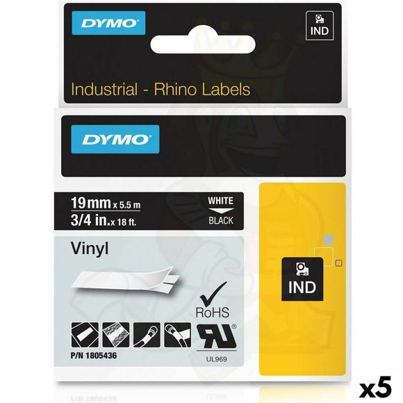 Laminated Tape for Labelling Machines Rhino Dymo ID1-19 19 x 5,5 mm Black Polyester White Self-adhesives (5 Units)-0