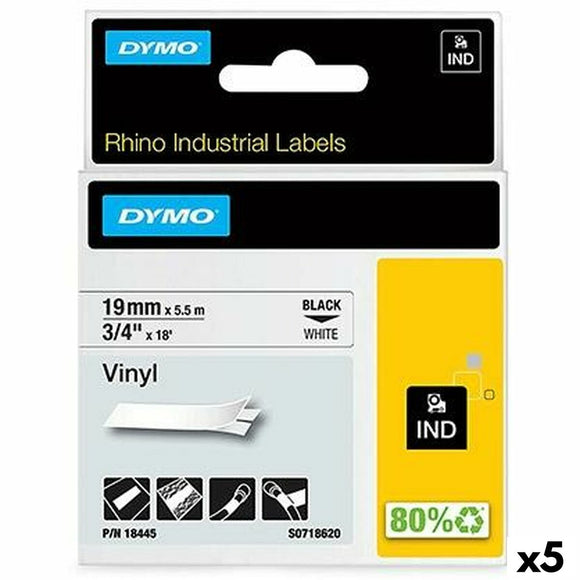 Laminated Tape for Labelling Machines Rhino Dymo ID1-19 19 x 5,5 mm Black White Stick Self-adhesives (5 Units)-0
