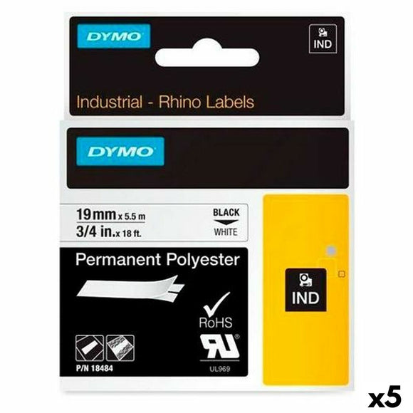 Laminated Tape for Labelling Machines Rhino Dymo ID1-19 19 x 5,5 mm Black Polyester White Self-adhesives (5 Units)-0