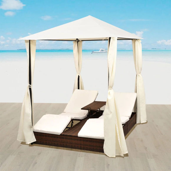 vidaXL Outdoor-Tagesbett 2-Personen Rattan-Geflecht Terrasse Sonnenliege Vorhang 2 Farben