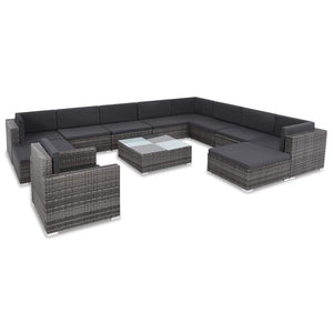 vidaXL 12-teiliges Terrassen-Lounge-Set mit Kissen Poly Rattan Grau