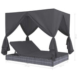 vidaXL Patio Lounge Bed with Curtains Poly Rattan Gray