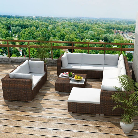 vidaXL 10-teiliges Terrassen-Lounge-Set mit Kissen Poly Rattan Braun