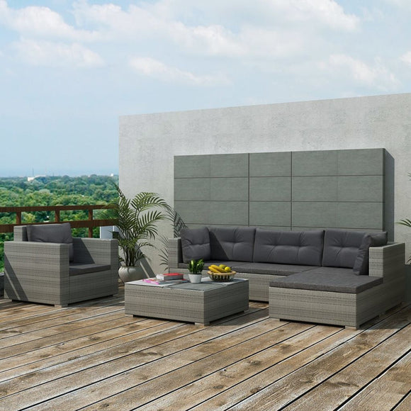 vidaXL 6-teiliges Terrassen-Lounge-Set mit Kissen Poly Rattan Grau