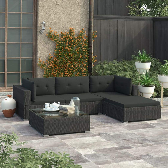 vidaXL 5 Piece Patio Lounge Set with Cushions Poly Rattan Black