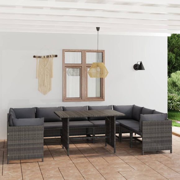 vidaXL 10-teiliges Terrassen-Lounge-Set mit Kissen Poly Rattan Grau