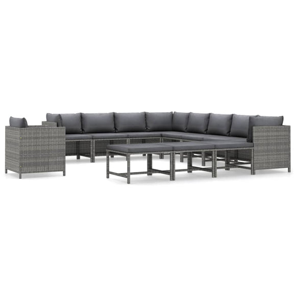 vidaXL 12-teiliges Terrassen-Lounge-Set mit Kissen Poly Rattan Grau