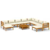 vidaXL 11-teiliges Terrassen-Lounge-Set mit cremefarbenem Kissen aus massivem Akazienholz