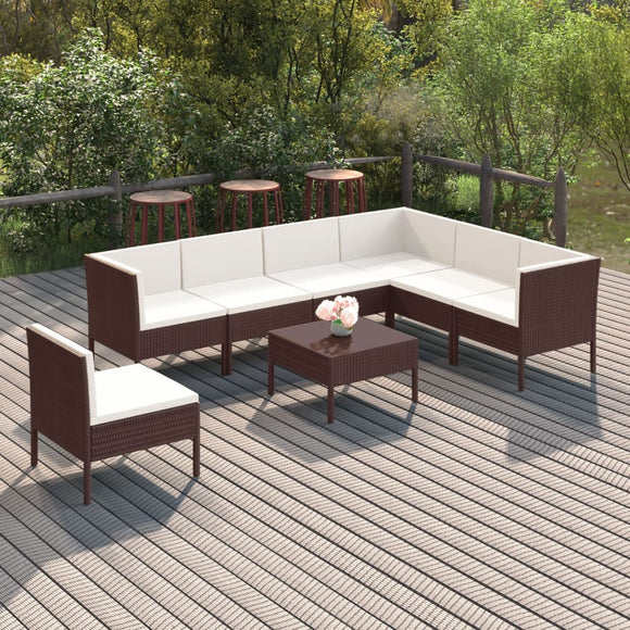 vidaXL 8 Piece Patio Lounge Set with Cushions Poly Rattan Brown