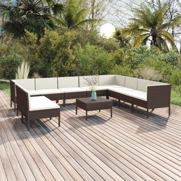 vidaXL 11 Piece Patio Lounge Set with Cushions Poly Rattan Brown