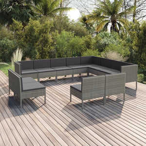 vidaXL 12-teiliges Terrassen-Lounge-Set mit Kissen Poly Rattan Grau