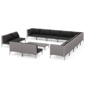 vidaXL 14-teiliges Terrassen-Lounge-Set mit Kissen Poly Rattan Dunkelgrau