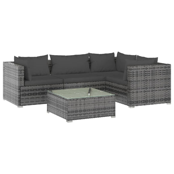 vidaXL 5 Piece Patio Lounge Set with Cushions Poly Rattan Gray